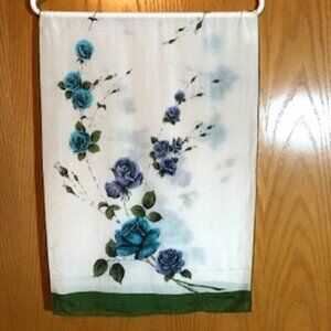 3/$15 Vintage White Sheer Rayon Oblong Scarf Blue Roses Floral Hand Edged